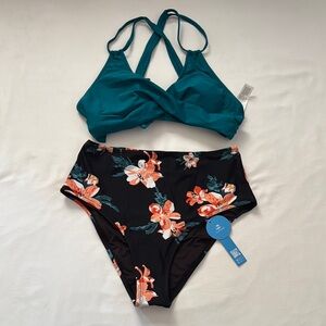 NWT- cup she Teal and Black Floral Women's 2 pcs Swim Set.